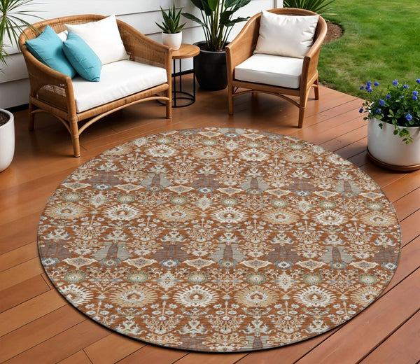 HomeRoots 8' Washable Round Floral Area Rug in Rust and Ivory - Durable, Stylish for Indoor/Outdoor Spaces 640504