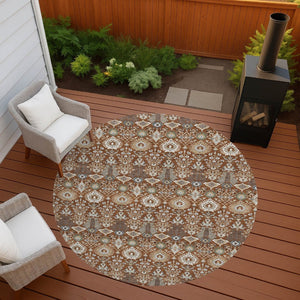 HomeRoots 8' Washable Round Floral Area Rug in Rust and Ivory - Durable, Stylish for Indoor/Outdoor Spaces 640504