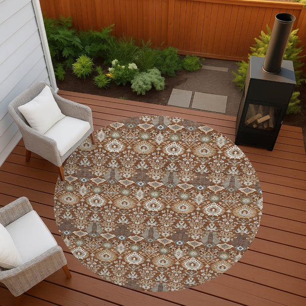 HomeRoots 8' Washable Round Floral Area Rug in Rust and Ivory - Durable, Stylish for Indoor/Outdoor Spaces 640504