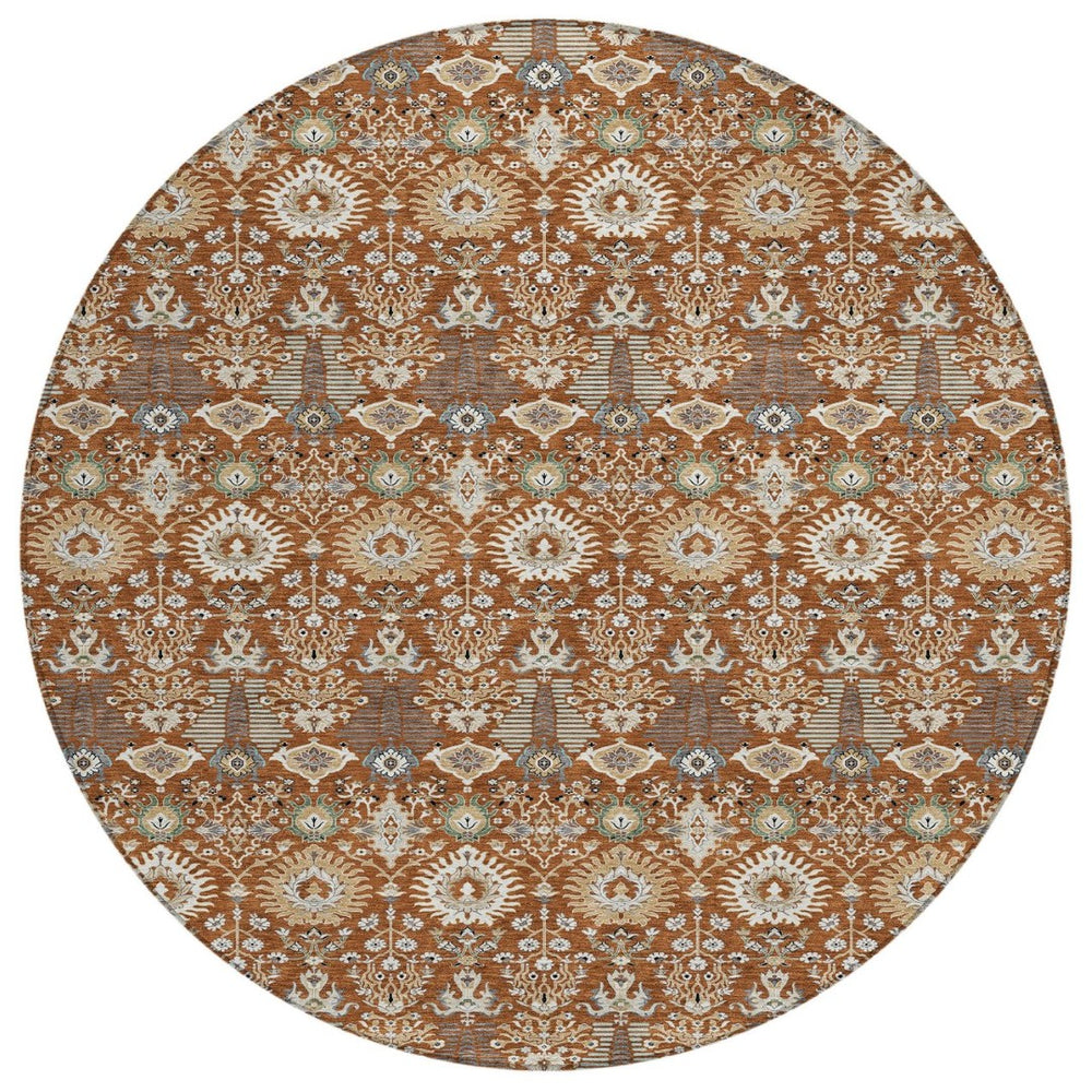 HomeRoots 8' Washable Round Floral Area Rug in Rust and Ivory - Durable, Stylish for Indoor/Outdoor Spaces 640504