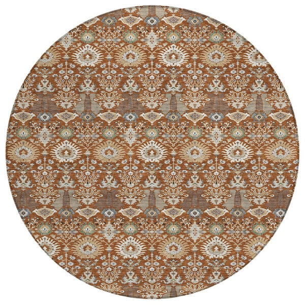 HomeRoots 8' Washable Round Floral Area Rug in Rust and Ivory - Durable, Stylish for Indoor/Outdoor Spaces 640504