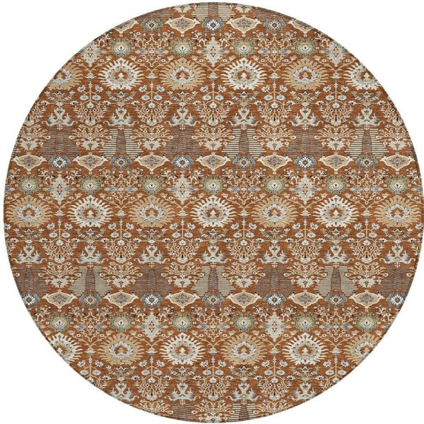 HomeRoots 8' Washable Round Floral Area Rug in Rust and Ivory - Durable, Stylish for Indoor/Outdoor Spaces 640504
