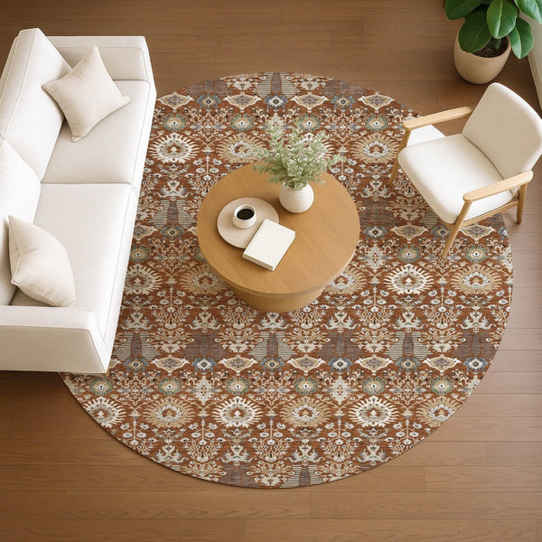 HomeRoots 8' Washable Round Floral Area Rug in Rust and Ivory - Durable, Stylish for Indoor/Outdoor Spaces 640504
