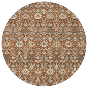 HomeRoots 8' Washable Round Floral Area Rug in Rust and Ivory - Durable, Stylish for Indoor/Outdoor Spaces 640504