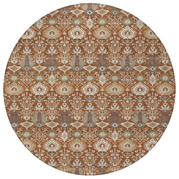 HomeRoots 8' Washable Round Floral Area Rug in Rust and Ivory - Durable, Stylish for Indoor/Outdoor Spaces 640504