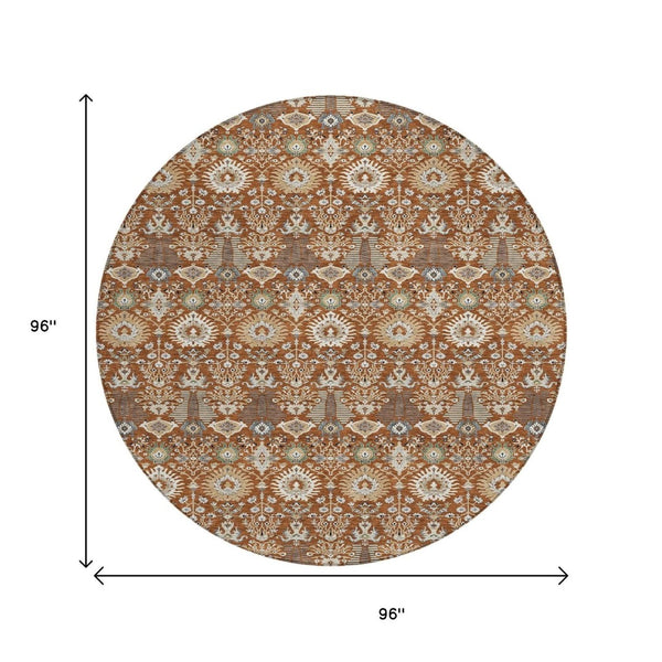 HomeRoots 8' Washable Round Floral Area Rug in Rust and Ivory - Durable, Stylish for Indoor/Outdoor Spaces 640504