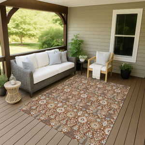 HomeRoots 8' X 10' Durable Rust and Ivory Floral Washable Area Rug for Indoor and Outdoor Spaces, Versatile Style 640505