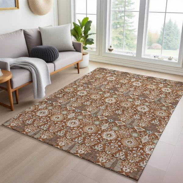 HomeRoots 8' X 10' Durable Rust and Ivory Floral Washable Area Rug for Indoor and Outdoor Spaces, Versatile Style 640505