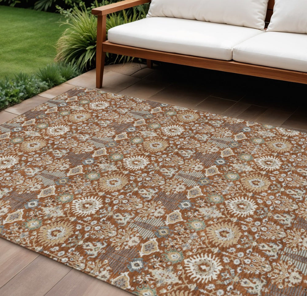 HomeRoots 9' X 12' Floral Indoor Outdoor Area Rug - Rust & Ivory, Washable, Durable, Stylish for Any Space 640506