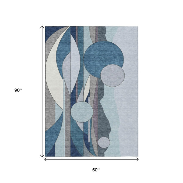 HomeRoots 5' Blue and Ivory Geometric Area Rug - Washable, Durable for Indoor/Outdoor Use, Stylish and Safe! 640509