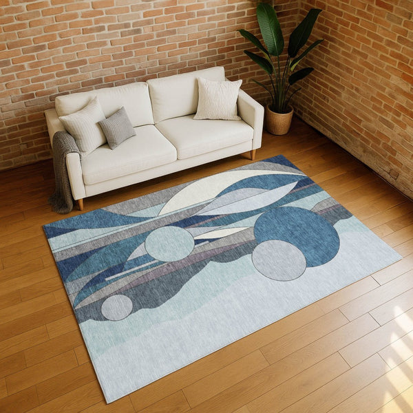 HomeRoots 5' Blue and Ivory Geometric Area Rug - Washable, Durable for Indoor/Outdoor Use, Stylish and Safe! 640509