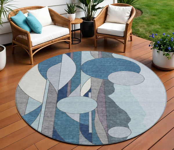 HomeRoots 8' Blue And Ivory Geometric Indoor Outdoor Area Rug – Modern Style, Washable, Durable & Slip-Resistant 640510
