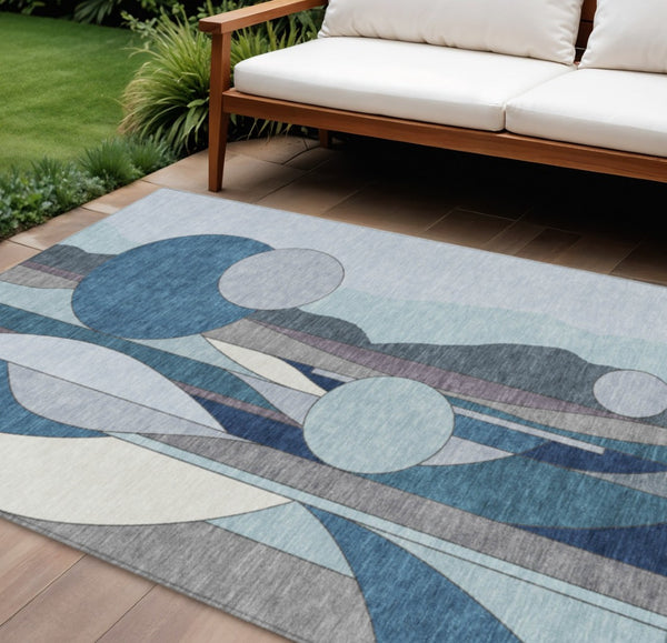 HomeRoots 9' X 12' Blue and Ivory Geometric Area Rug - Stylish, Washable, Durable for Indoor & Outdoor Use! 640512