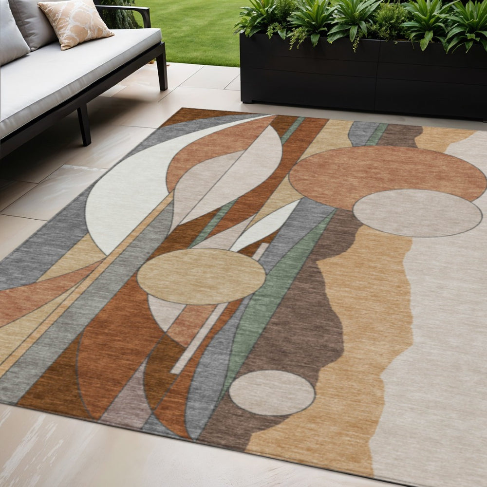 HomeRoots 5' Copper and Ivory Geometric Area Rug – Stylish, Washable, Indoor/Outdoor Comfort for Every Space 640515