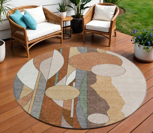 HomeRoots 8' Copper and Ivory Round Geometric Rug - Washable, Durable, Stylish for Indoor and Outdoor Spaces 640516