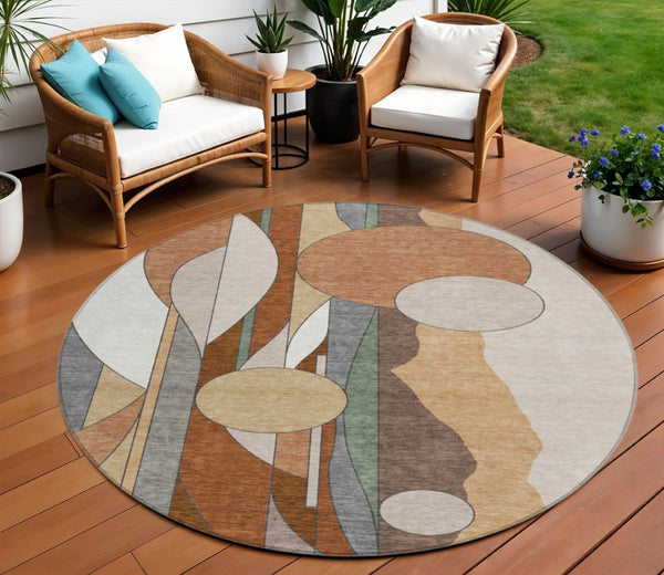 HomeRoots 8' Copper and Ivory Round Geometric Rug - Washable, Durable, Stylish for Indoor and Outdoor Spaces 640516