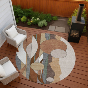 HomeRoots 8' Copper and Ivory Round Geometric Rug - Washable, Durable, Stylish for Indoor and Outdoor Spaces 640516