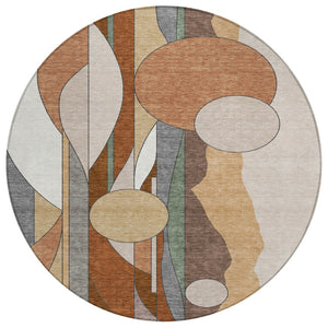 HomeRoots 8' Copper and Ivory Round Geometric Rug - Washable, Durable, Stylish for Indoor and Outdoor Spaces 640516