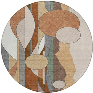 HomeRoots 8' Copper and Ivory Round Geometric Rug - Washable, Durable, Stylish for Indoor and Outdoor Spaces 640516