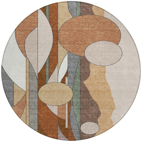HomeRoots 8' Copper and Ivory Round Geometric Rug - Washable, Durable, Stylish for Indoor and Outdoor Spaces 640516