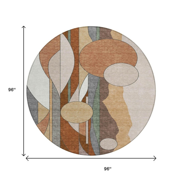 HomeRoots 8' Copper and Ivory Round Geometric Rug - Washable, Durable, Stylish for Indoor and Outdoor Spaces 640516