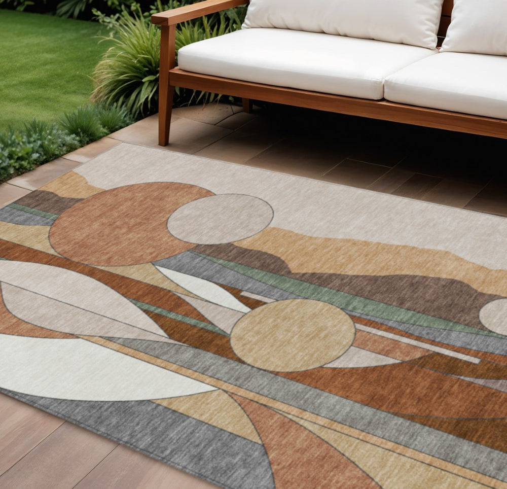 HomeRoots 8' X 10' Copper and Ivory Geometric Area Rug – Stylish, Washable, Durable for Indoor & Outdoor Use 640517
