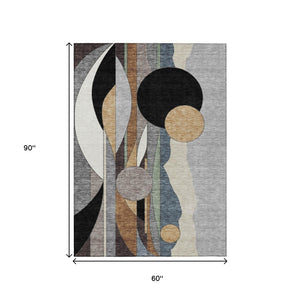 HomeRoots 5' Stylish Gray, Black & Gold Geometric Washable Area Rug for Indoor/Outdoor Living Spaces & Patios 640521