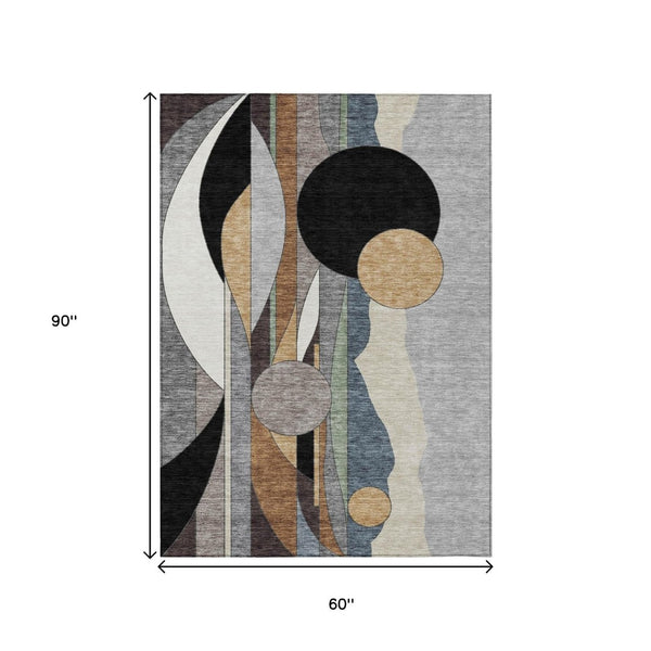 HomeRoots 5' Stylish Gray, Black & Gold Geometric Washable Area Rug for Indoor/Outdoor Living Spaces & Patios 640521
