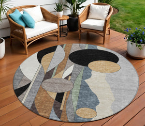 HomeRoots 8' Contemporary Gray Black Gold Round Geometric Area Rug - Durable, Washable, Indoor & Outdoor Use 640522
