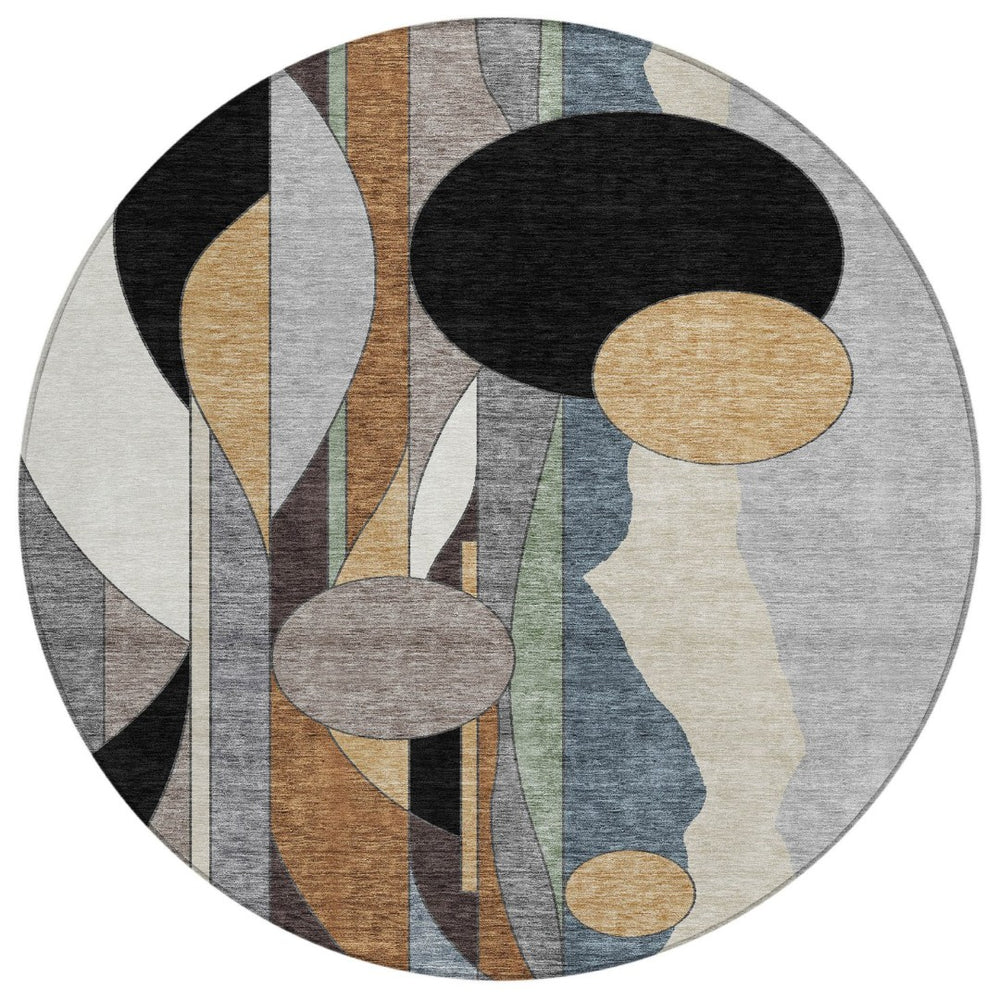 HomeRoots 8' Contemporary Gray Black Gold Round Geometric Area Rug - Durable, Washable, Indoor & Outdoor Use 640522