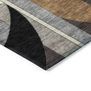 HomeRoots 8' Contemporary Gray Black Gold Round Geometric Area Rug - Durable, Washable, Indoor & Outdoor Use 640522