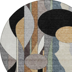 HomeRoots 8' Contemporary Gray Black Gold Round Geometric Area Rug - Durable, Washable, Indoor & Outdoor Use 640522