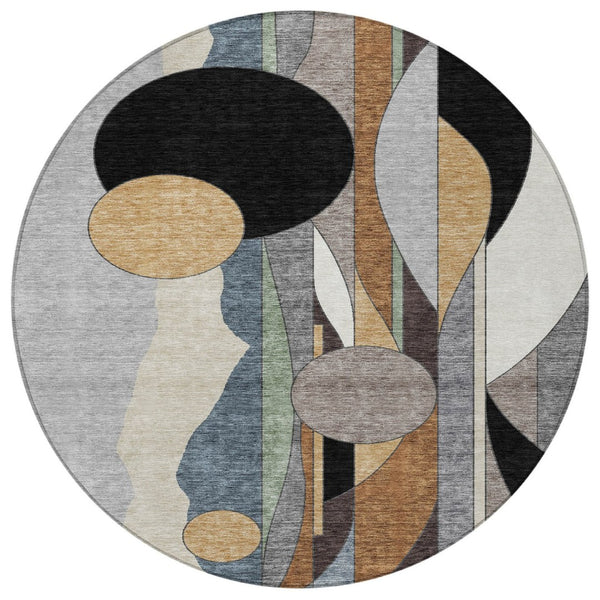HomeRoots 8' Contemporary Gray Black Gold Round Geometric Area Rug - Durable, Washable, Indoor & Outdoor Use 640522