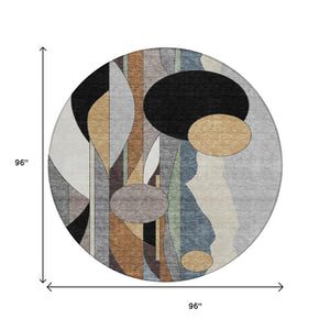 HomeRoots 8' Contemporary Gray Black Gold Round Geometric Area Rug - Durable, Washable, Indoor & Outdoor Use 640522