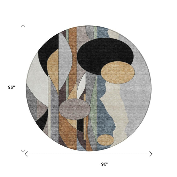 HomeRoots 8' Contemporary Gray Black Gold Round Geometric Area Rug - Durable, Washable, Indoor & Outdoor Use 640522