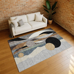HomeRoots 9' X 12' Washable Gray, Black & Gold Geometric Area Rug – Stylish, Durable for Indoor & Outdoor Use 640524