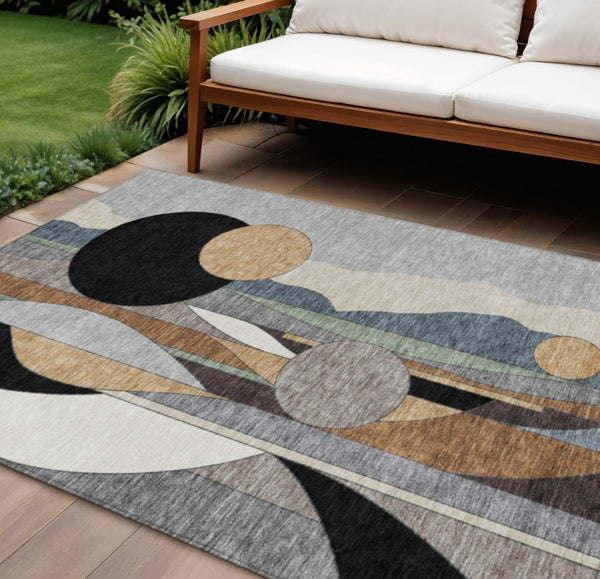 HomeRoots 10' Gray, Black & Gold Geometric Washable Area Rug for Indoor/Outdoor Use - Durable & Stylish! 640525