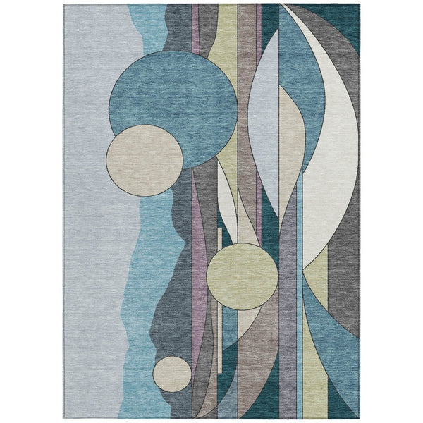 HomeRoots 5' Teal Blue, Ivory & Green Geometric Area Rug - Washable & Durable for Indoor/Outdoor Use! 640527