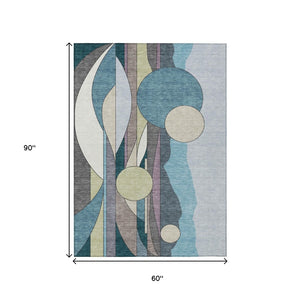 HomeRoots 5' Teal Blue, Ivory & Green Geometric Area Rug - Washable & Durable for Indoor/Outdoor Use! 640527