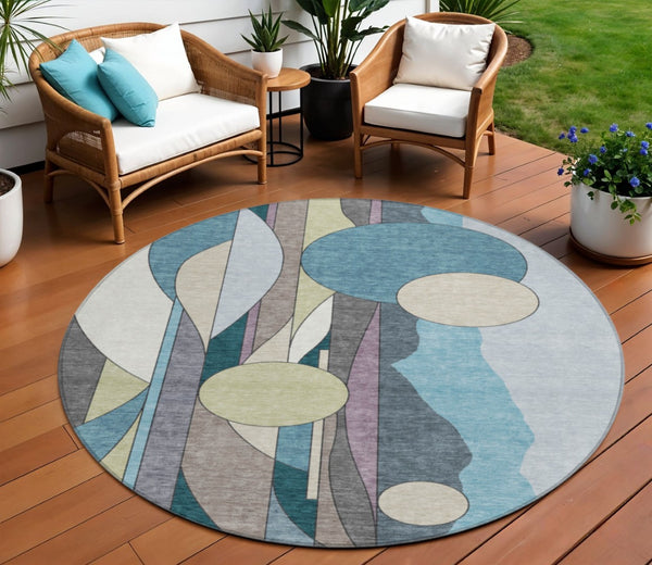 HomeRoots 8' Teal Blue Ivory and Green Round Geometric Rug - Stylish, Washable for Indoor & Outdoor Use 640528