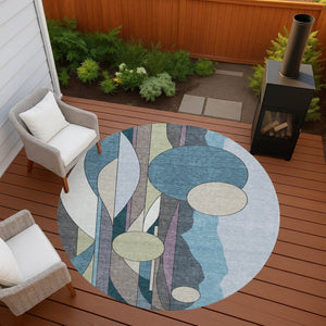 HomeRoots 8' Teal Blue Ivory and Green Round Geometric Rug - Stylish, Washable for Indoor & Outdoor Use 640528