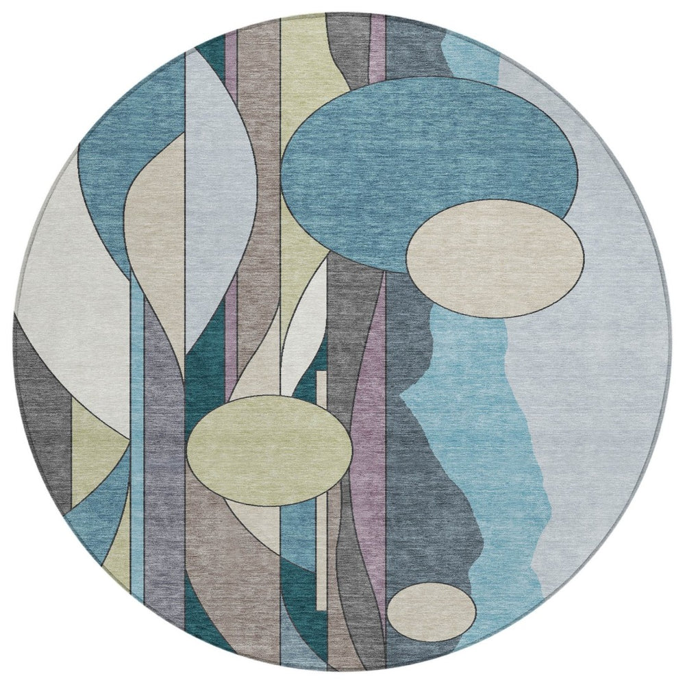 HomeRoots 8' Teal Blue Ivory and Green Round Geometric Rug - Stylish, Washable for Indoor & Outdoor Use 640528