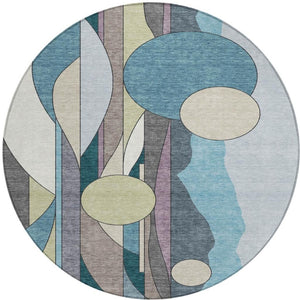 HomeRoots 8' Teal Blue Ivory and Green Round Geometric Rug - Stylish, Washable for Indoor & Outdoor Use 640528