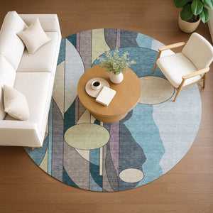 HomeRoots 8' Teal Blue Ivory and Green Round Geometric Rug - Stylish, Washable for Indoor & Outdoor Use 640528