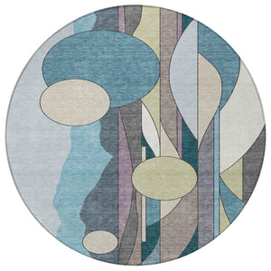 HomeRoots 8' Teal Blue Ivory and Green Round Geometric Rug - Stylish, Washable for Indoor & Outdoor Use 640528