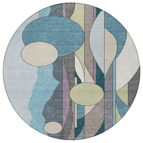HomeRoots 8' Teal Blue Ivory and Green Round Geometric Rug - Stylish, Washable for Indoor & Outdoor Use 640528
