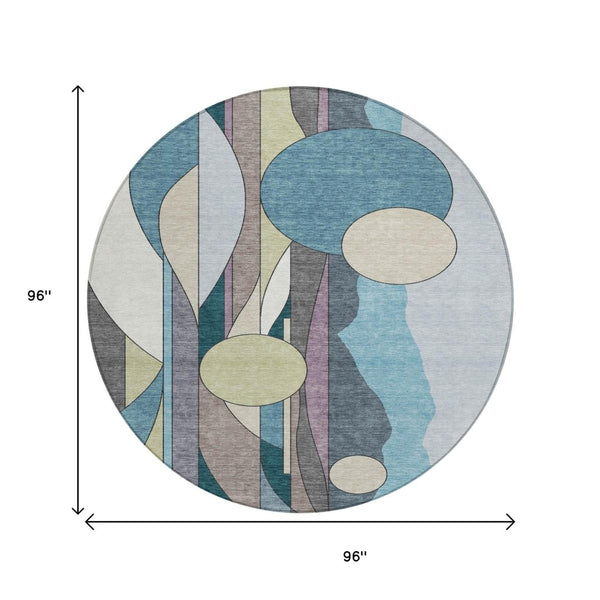 HomeRoots 8' Teal Blue Ivory and Green Round Geometric Rug - Stylish, Washable for Indoor & Outdoor Use 640528