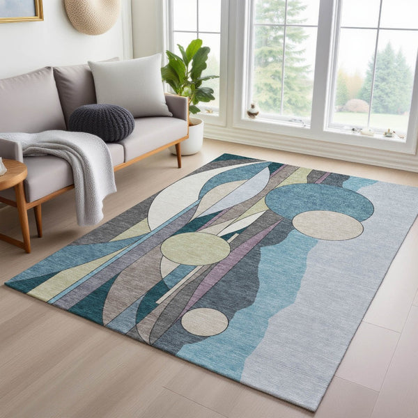 HomeRoots 8' X 10' Teal Blue Geometric Area Rug - Stylish, Washable, Durable for Indoor & Outdoor Spaces 640529