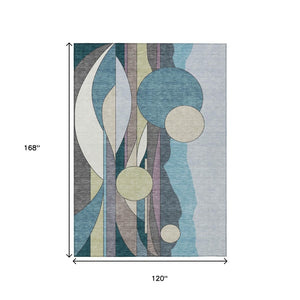 HomeRoots 10' Geometric Teal Blue Ivory Green Area Rug - Washable, Durable for Indoor & Outdoor Spaces! 640531
