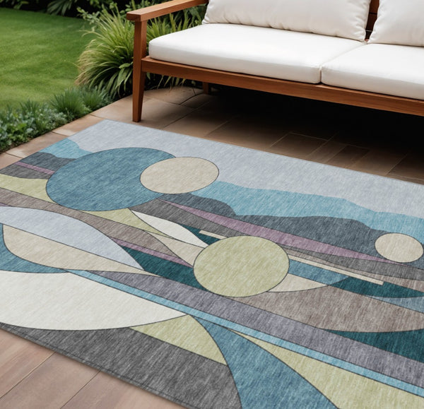 HomeRoots 10' Geometric Teal Blue Ivory Green Area Rug - Washable, Durable for Indoor & Outdoor Spaces! 640531